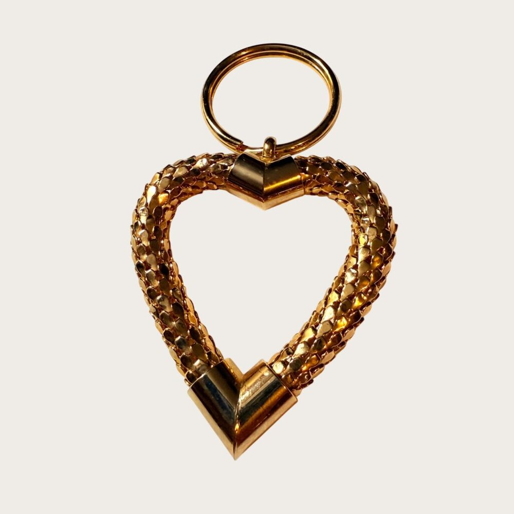 Gold-Tone Heart Shaped Keychain Keyring Textured Detailing Valentines
